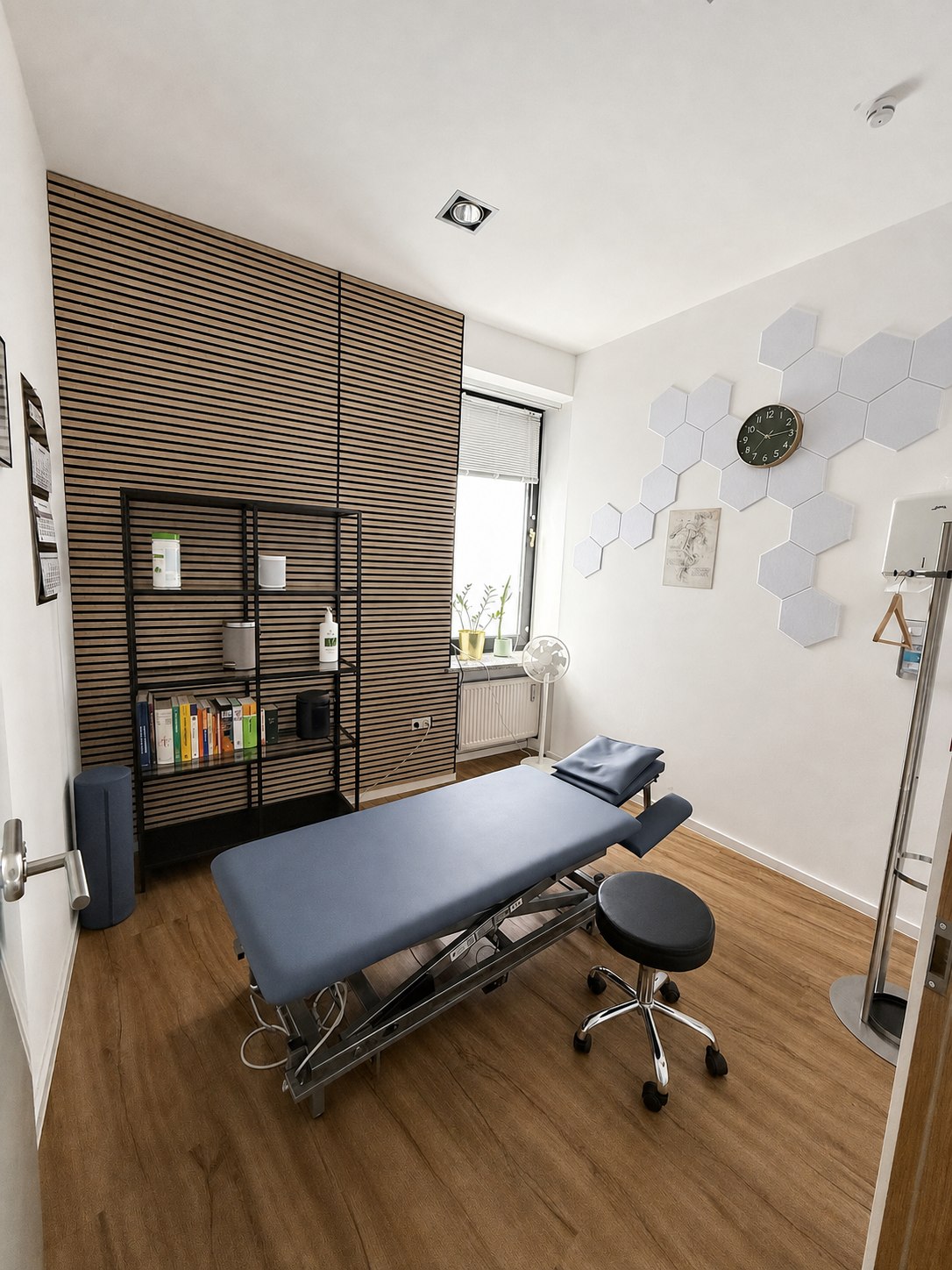 Behandlungsraum mit Holzlamellenwand und Therapieliege